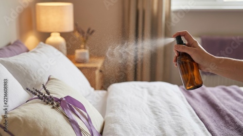 Hand Spraying Lavender Sleep Mist on White Bed Pillow