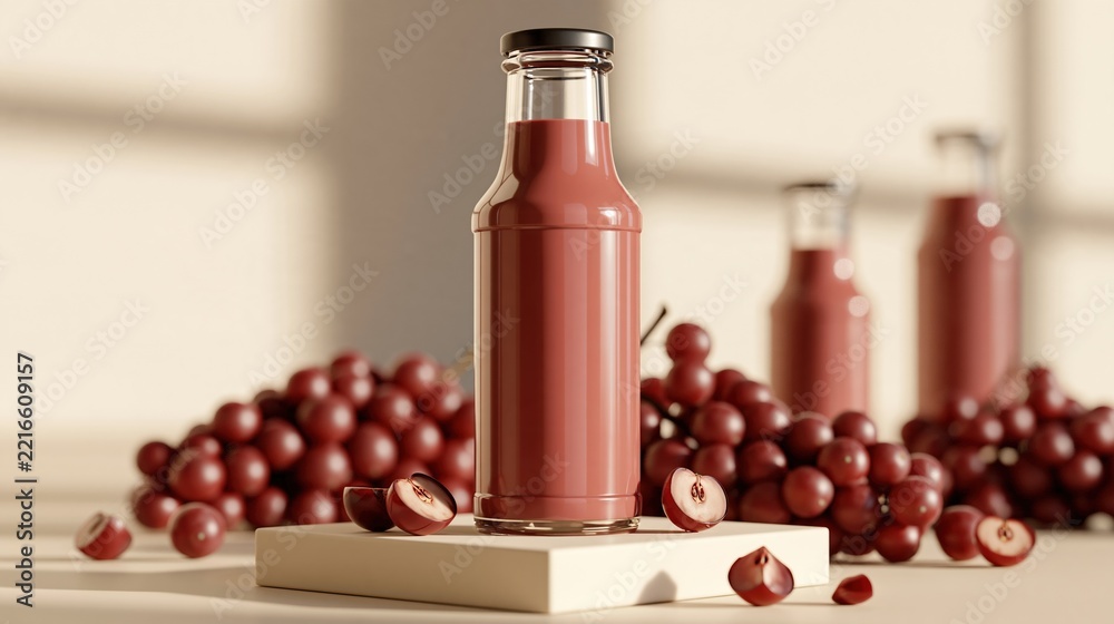 Fototapeta premium Glass bottle of refreshing red grape juice on a pedestal, surrounded by fresh grapes and sunlight