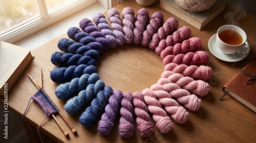 Skeins of Dyed Yarn Arranged in Color Wheel Circle on Table