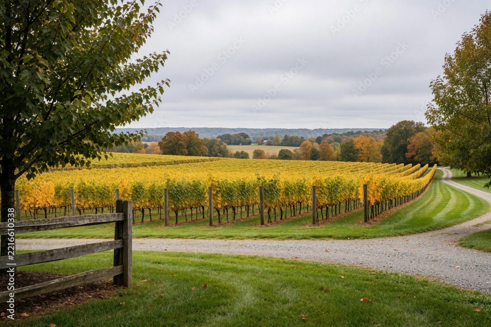 Fototapeta premium Autumn vineyard landscape in rural Virginia countryside. Rows of yellow grape vines grow on farm estate under cloudy sky. Gravel path winds through green grass near rustic wooden fence. Scenic winery