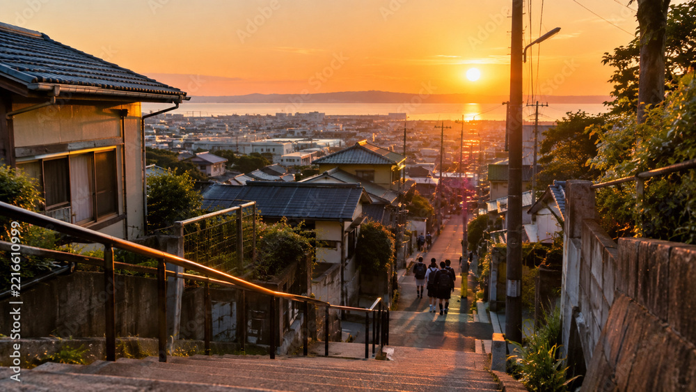 Fototapeta premium Sunset View of a Japanese Residential Town from a School Route Staircase