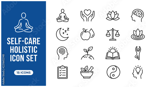 Selfcare holistic icon set, wellness and mental health line icons, healthy lifestyle, meditation, yoga, mindfulness, balanced life, nutrition, sleep, personal growth, vector illustration