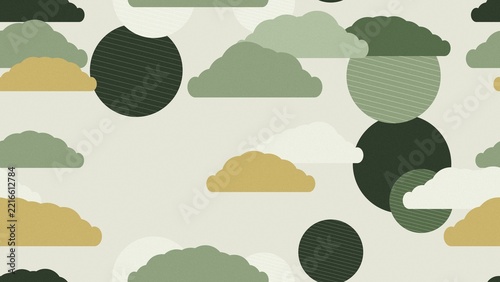 苔色とセージ色とからし黄の雲と斜線入りの深緑の丸が間をあけて並ぶ緑系の和風シームレスパターン