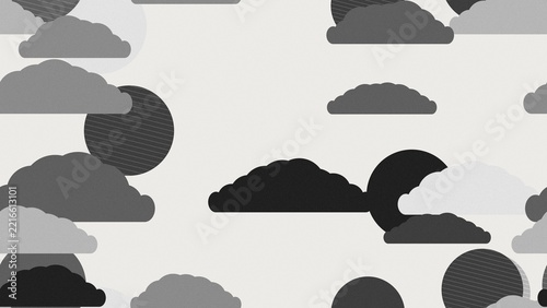 墨色と灰色の濃淡の雲と斜線入りの丸が並ぶオフホワイト地のモノトーンの和風シームレスパターン
