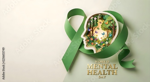 Paper craft human silhouette with green ribbon filled with flowers and trees for World Mental Health Day.