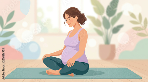 Pregnant Woman Practicing Relaxing Prenatal Yoga Meditation at Home Illustration