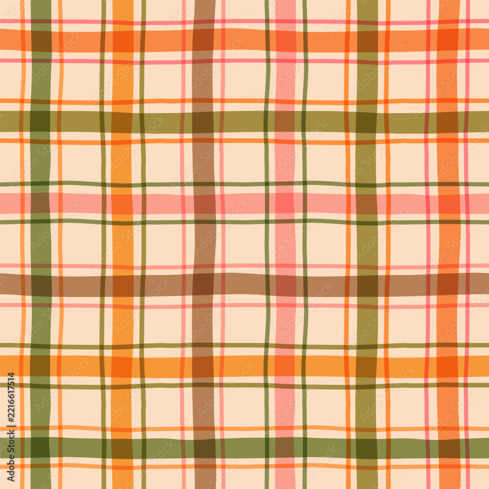 Fototapeta premium Brown, orange, green and pink autumn plaid vector seamless pattern, Wavy irregular lines fall check for Thanksgiving designs and backgrounds and kitchen textiles