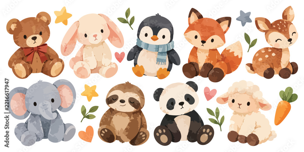 Obraz premium Watercolor Cute Animal Plushies Clipart Set