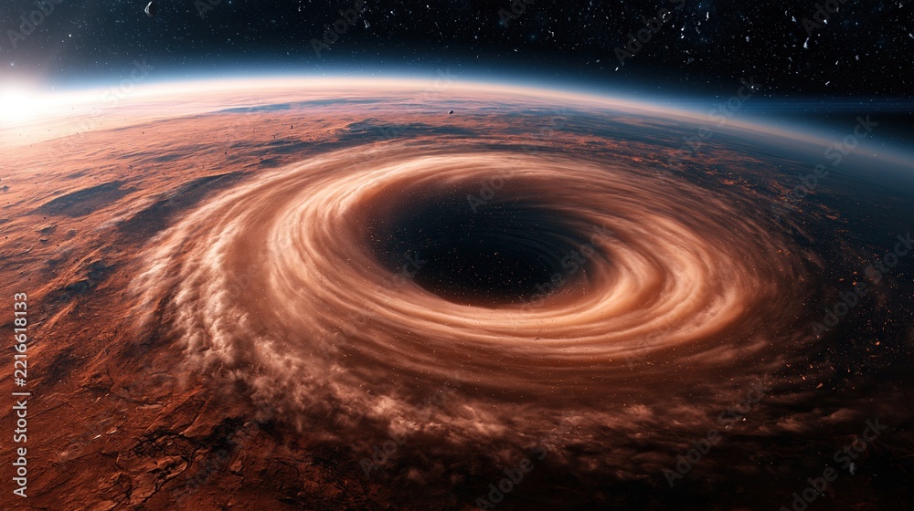 Fototapeta premium Cosmic Vortex of a Black Hole Swirling Through Space with Distant Stars and Planetary Horizon