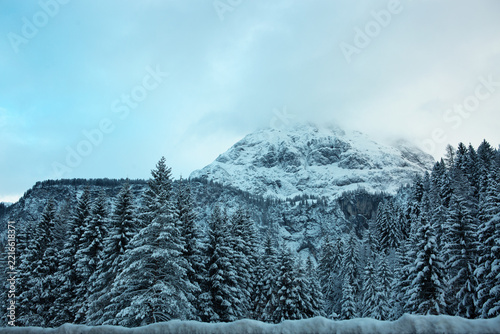 Panoramic view of beautiful winter mountain scenery in the Alps ,