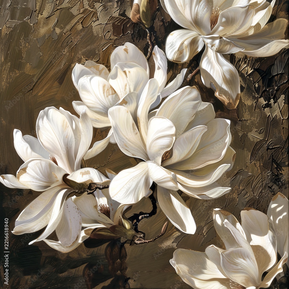 Naklejka premium A stunning close-up of elegant white magnolia flowers against a warm, textured background. This artwork captures beauty and peace. Perfect for home decor or nature-themed projects. AI