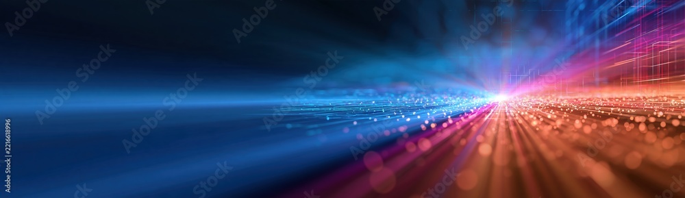 Fototapeta premium Abstract Digital Light Tunnel with Glowing Particles and Futuristic Cityscape