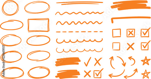 Hand drawn doodles, sketch elements with circle, oval, wavy, arrow, star effects. Marker strokes, checkbox frames with check, cross marks. Orange scribble, underline. Isolated on white background