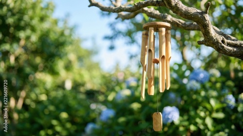 Wooden Bamboo Wind Chimes Hanging in Lush Green Garden