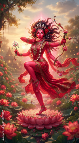 Bhuvaneshvari Hindu Goddess holding flower bow and arrow standing on lotus flower in lotus pond at sunset digital art illustration