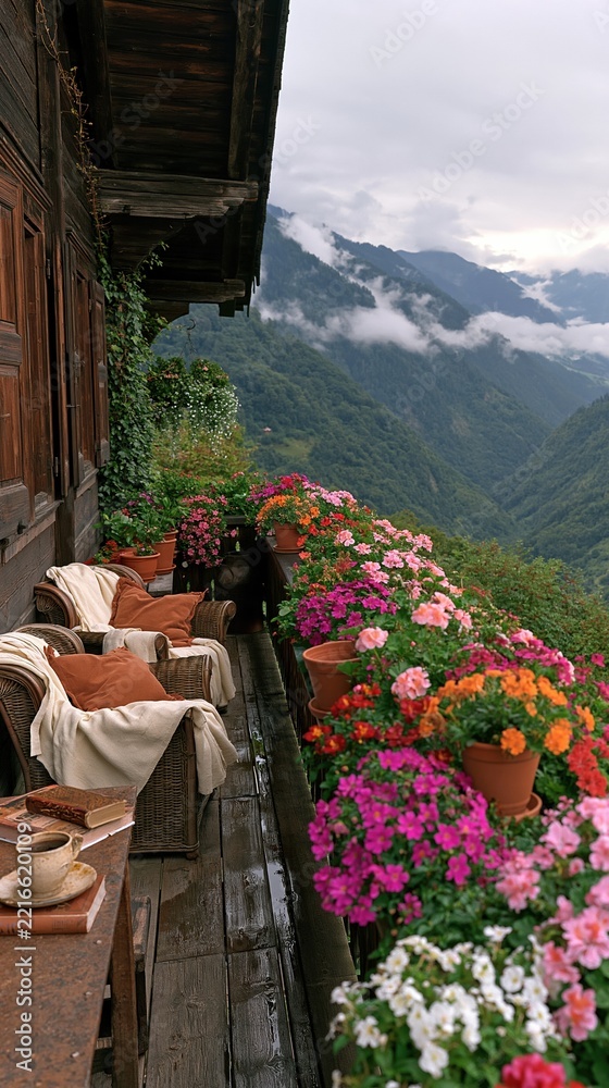 Fototapeta premium Cozy Balcony Retreat with Colorful Flowers and Mountain Views