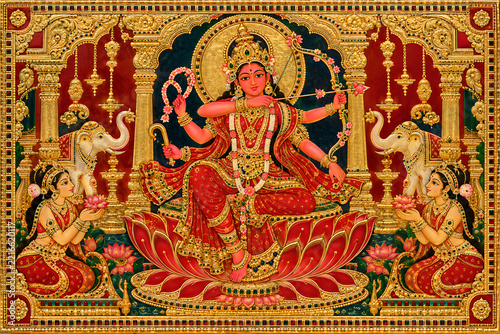 Goddess Bhuvaneshvari traditional Indian painting style Hindu deity artwork with elephants