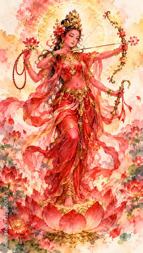 Bhuvaneshvari Hindu Goddess Watercolor Painting Holding Bow and Lotus