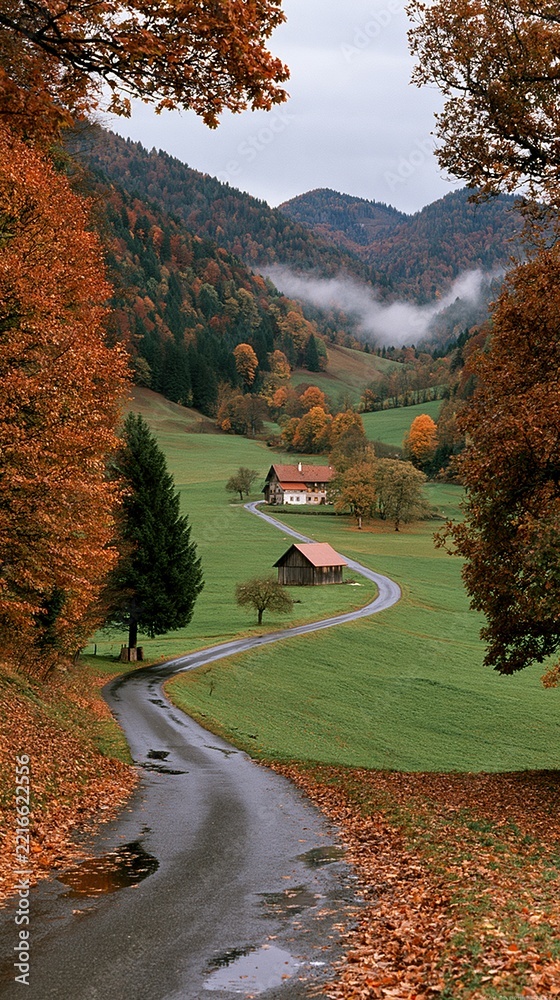 Naklejka premium Serene Autumn Countryside Landscape with Winding Road and Traditional European Houses
