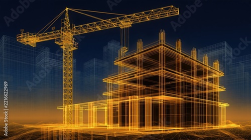 3D Wireframe Construction Project with Crane, Blueprint Design, and Futuristic Cityscape Background