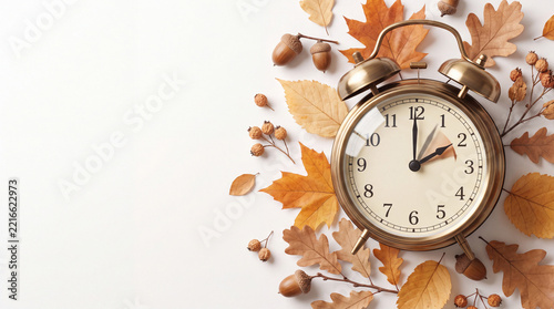 Vintage alarm clock among dry autumn leaves and acorns on a white background, representing the seasonal return to standard time in fall.