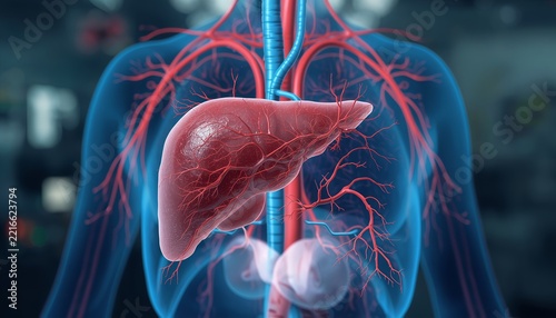 3D medical illustration of human liver with blood vessels and circulatory system anatomy