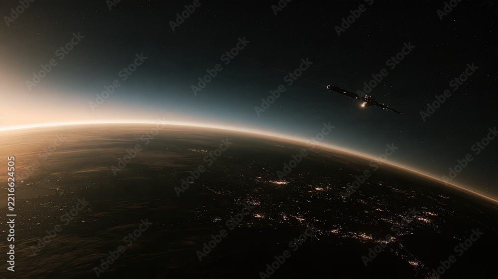Fototapeta premium Orbital satellite view of Earth at sunrise with city lights illuminating the planet's surface