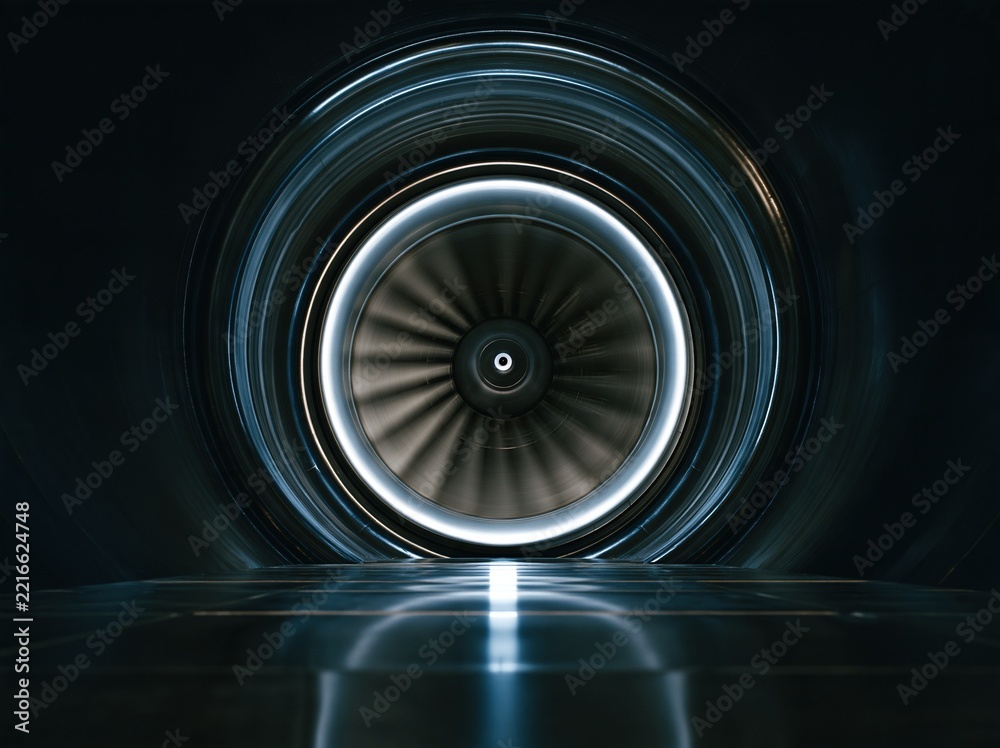 Fototapeta premium Inside a powerful jet engine turbine with glowing blue light and spinning blades