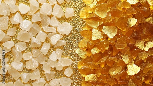 Natural Quartz and Golden Citrine Crystals on Textured Gold Background