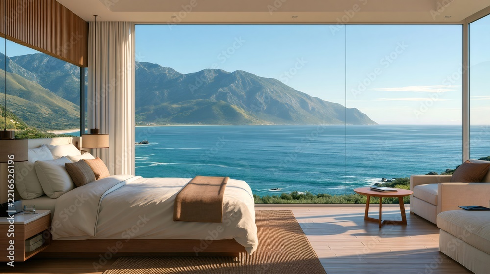 Fototapeta premium Luxury bedroom overlooking panoramic ocean and mountain view