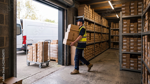 Driver in hi-vis vest carrying shoe boxes through shop back door