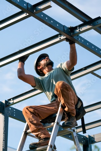 Worker building modern steel frame house structure