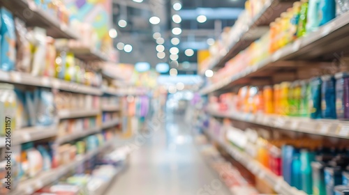 blurred modern art supply store with colorful products shelves and bright lighting, warm creative bokeh, defocused retail interior background