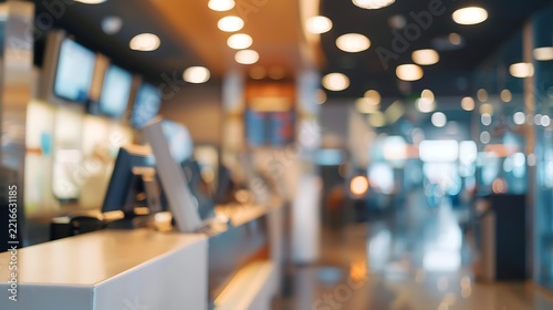 blurred modern bank interior with teller counters digital displays and clean design, cool professional bokeh, defocused financial interior background
