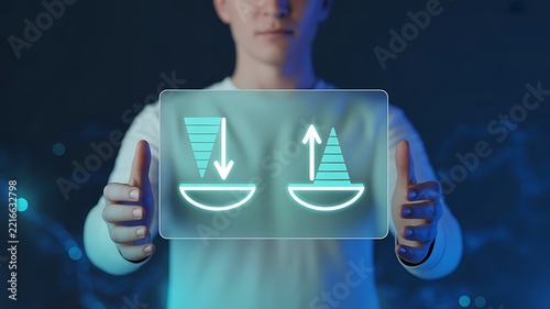 Person holding digital tablet showing growth and decline icons