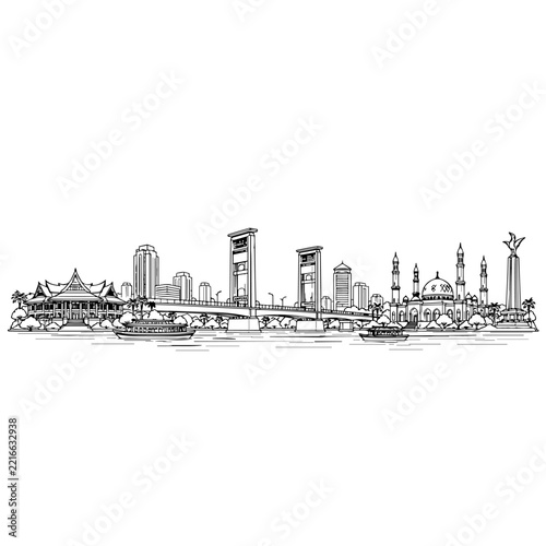 Palembang Indonesia City Landmark Monoline Art Illustration