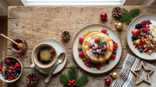 Festive Christmas Breakfast Spread Featuring Stacked Pancakes and Hot Coffee on a Rustic Wooden Table