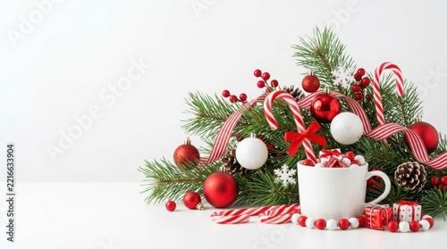 Festive Christmas Decorations with Red Baubles, Candy Canes, and Pine Sprigs