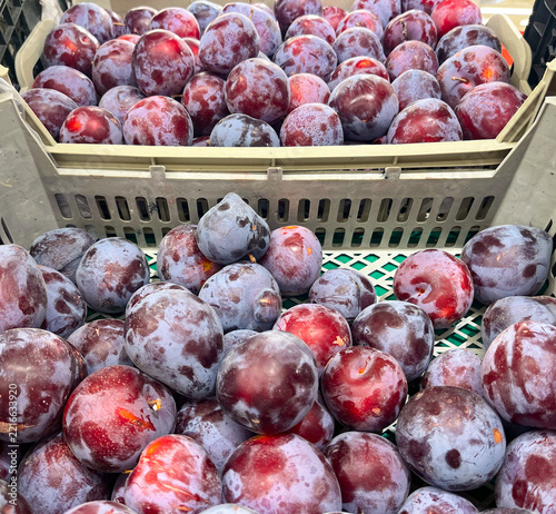 Ripe red-purple plums with a waxy coating in plastic boxes.