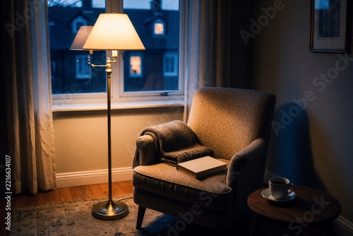 Cozy armchair with blanket and book next to a lit floor lamp
