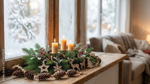 Festive Christmas window decoration with glowing candles and pinecones, creating a warm holiday ambiance.