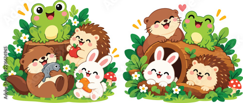 Cute Woodland Animals with Frogs Hedgehogs Rabbits and Flowers