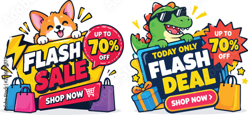 Cute Animal Flash Sale Banner Set with Shopping Bags and Discount