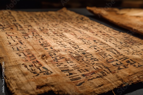 Ancient Egyptian papyrus with hieroglyphs, the texture of the material.