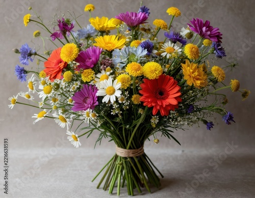 Colorful hand tied wildflower bouquet with daisies, gerbera, chrysanthemums, and asters arranged in a rustic glass vase against a neutral studio backdrop