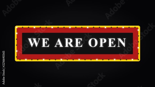We are open neon sign flashing on black background for retail