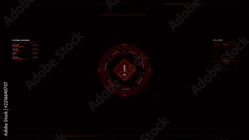 Futuristic red hud system warning screen with alert icon