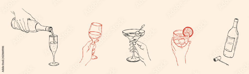 Fototapeta premium Hands holding glasses with wine, champagne for New Year toast. Celebration, beverages party, social gathering, anniversary or holiday moment. Vector doodle hand drawn illustration.