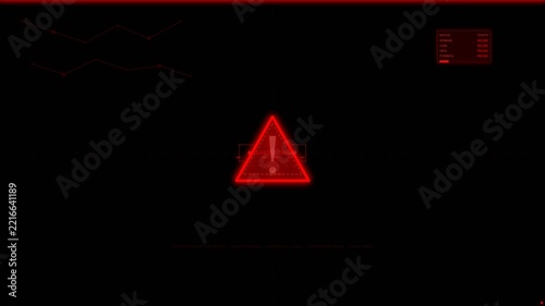 Digital red warning icon glitching on black background