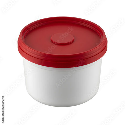 Empty white plastic food storage container with red lid on transparent background